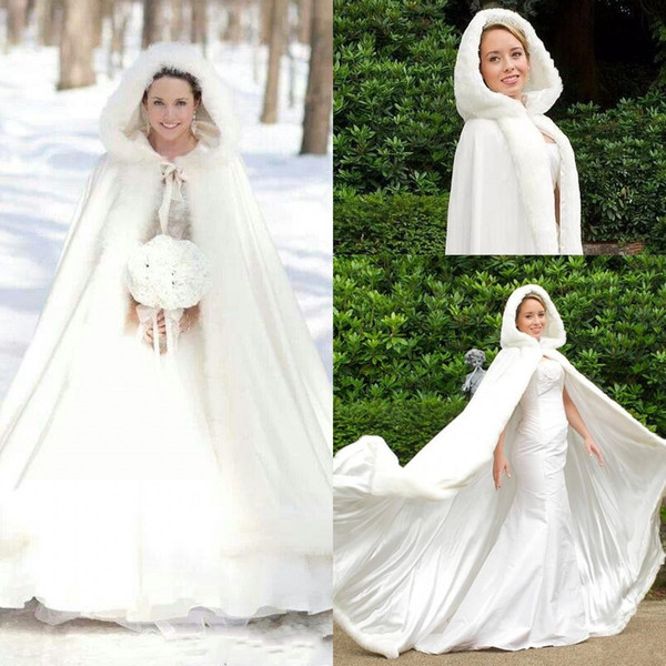 2017 Cheap Winter Faux Fur Cloaks Hooded Wedding Wraps White Floor-Length Fur Bridal Overcoats Wedding Dresses White Ivory Warm For Winter