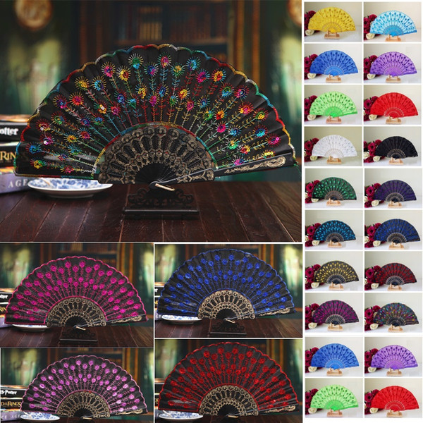 Handmade peacock Embroidery Fabric folding fan silk top grade bridal fans Bridesmaid fans hollow plastic handle wedding accessories Fold fan