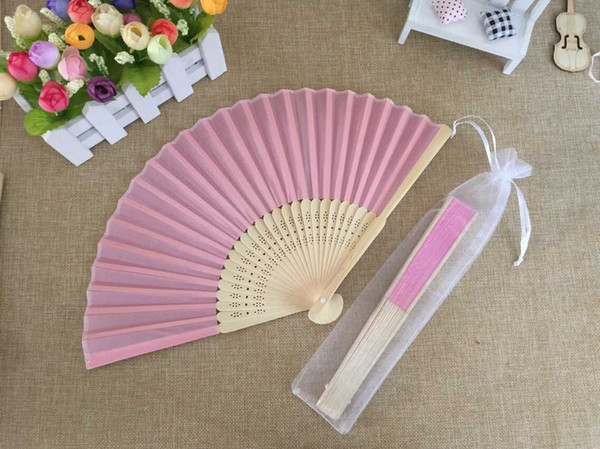 Free shipping Wholesale 50pcs/lot White Elegant Folding Silk Hand Fan with Organza Gift bag Wedding & Party Favors Gift