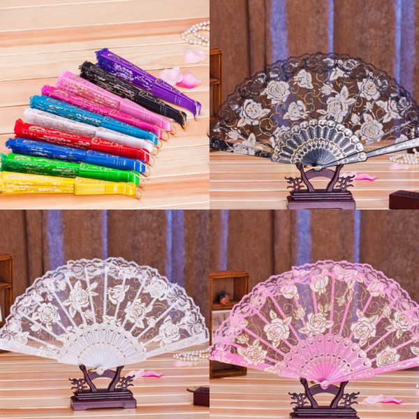 Cheap Ten Colors Lace Flower Bridal Hand Fans Vintage Hollow Bamboo Handle Wedding Accessories Wedding Gift Party Favors F8209