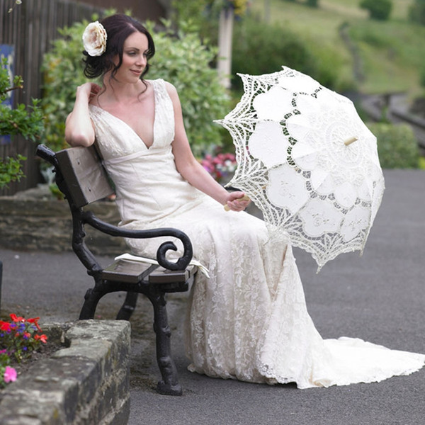 68cm Long handle Handmade Art wedding Scallop Edge Embroidery Pure Cotton Lace Wedding Umbrella parasol Romantic Bridal photograph