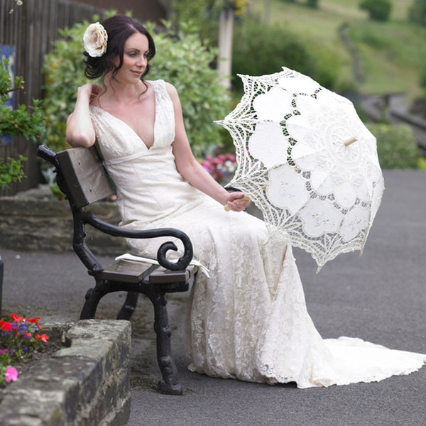 2019 Vintage Palace Style white Parasol Umbrella for wedding Party Bridal Batten Lace Handmade High Quality Sunshade Woman