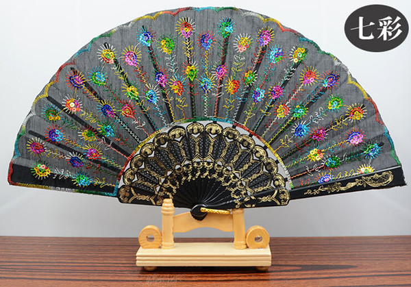 Handmade peacock Embroidery Fabric folding fan silk top grade bridal fans Bridesmaid fans hollow bamboo handle wedding accessories Fold fans