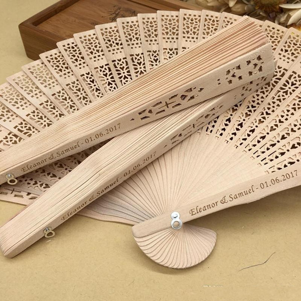 Hot Sale 100pcs lot personalized wood wedding favours fan party giveaways sandalwood folding hand fans 