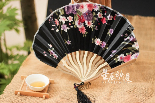 Japanese Style black purple Satin folding fan silk top grade bridal fans Bridesmaid fans hollow bamboo handle wedding accessories Fold fans