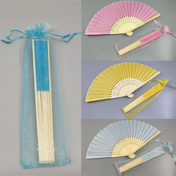 Free shipping Wholesale White Elegant Folding Silk Hand Fan with Organza Gift bag Wedding & Party Favors Gift