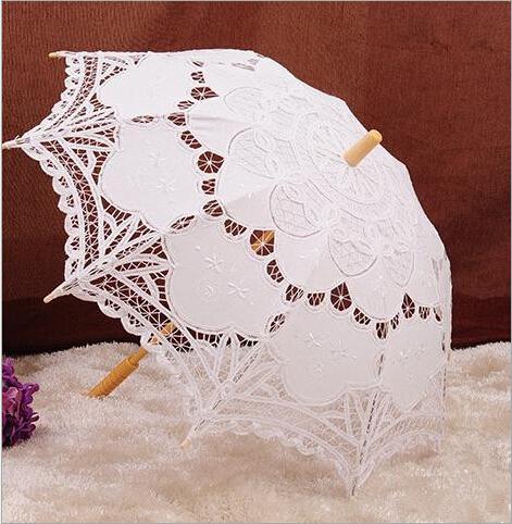 48cm White Long handle Handmade Art wedding Scallop Edge Embroidery Pure Cotton Lace Wedding Umbrella Parasol Romantic Bridal Photograph