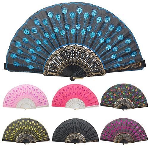 Spanish Style Embroidered Sequins Folding Flower Lace Fan Dance Hand Fans Party Wedding Decor Dancing Supplies