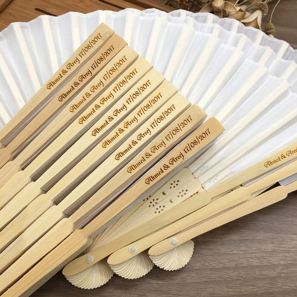 Free 100Sets/Lot Personalized Laser-Cut name &date Luxurious Silk hand Fan Gift as wedding Gift in 5colors available