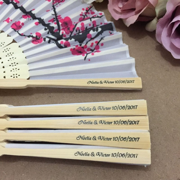 Free 50pcs/lot Personalized wedding date & names Plum flower design Elegant Wedding Silk Hand Fan with Organza Gift bag