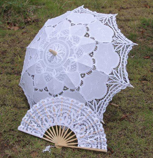 Hot Selling Wedding Lace Bridal Parasols and Fans Sets European Court Umbrella New Photography props Beautiful Bridal Accessories