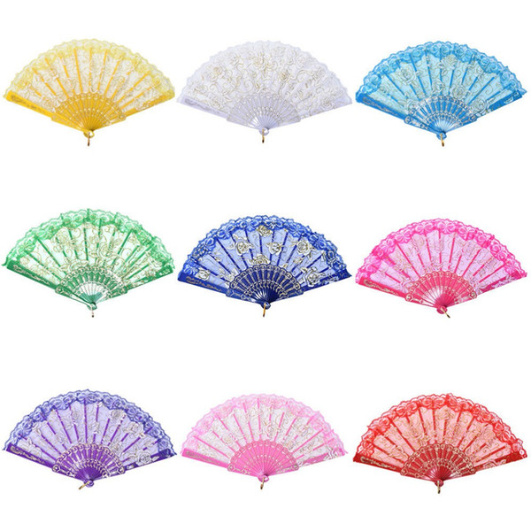 Popular DHL 50pcs/lot Spanish style rose flower design plastic frame lace silk hand fan, Chinese craft folding fan