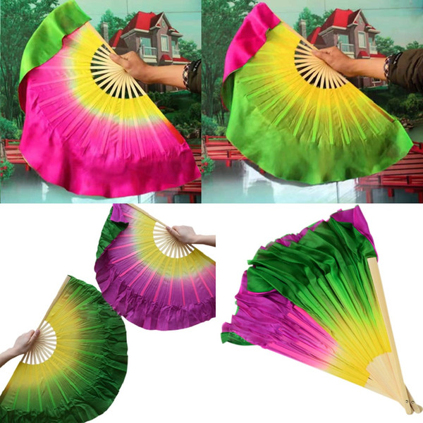 Two Sides Dance Fans Gradient Color Chinese Real Silk Dance Veil Fan KungFu Belly Dancing Fans For Wedding Party Gift Favor Or Stage