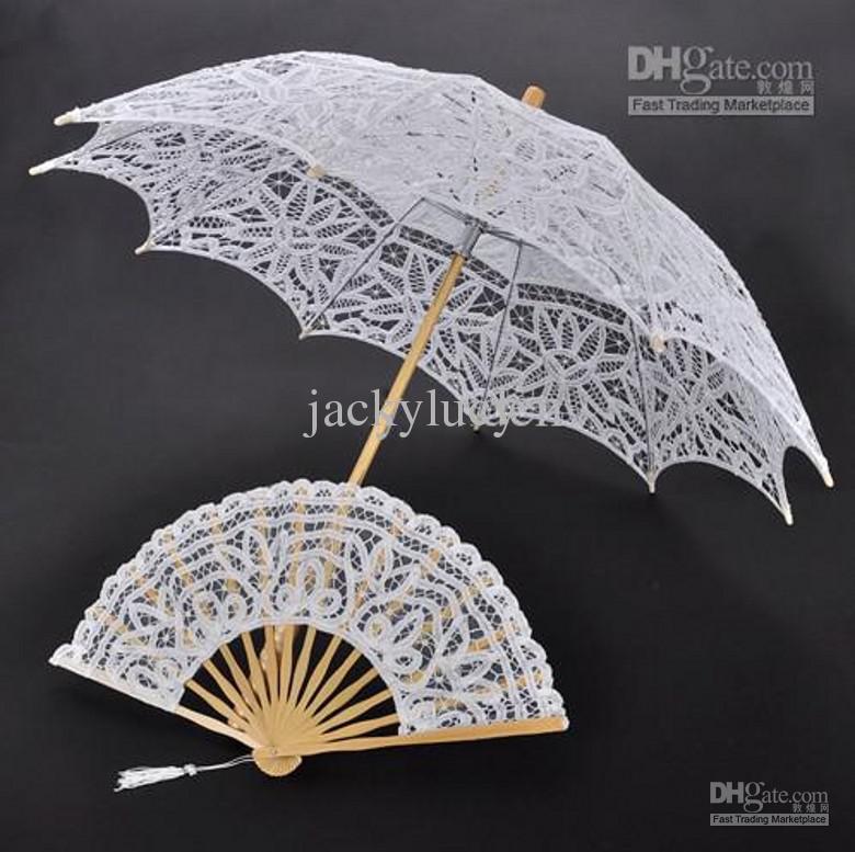 100% Cotton Lace Embroidery Ladies Parasol Bridal Umbrella and Hand Fan for Wedding Decoration Shooting Props