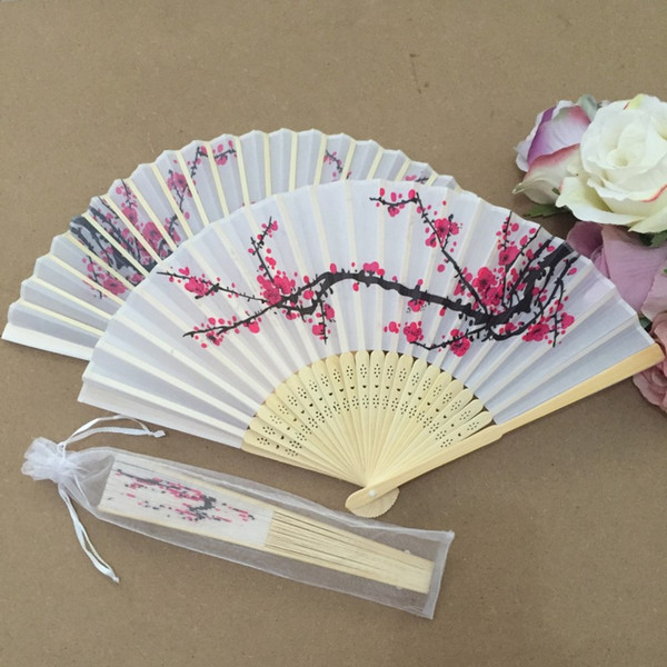 Free shipping Wholesale 50pcs/lot Plum flower design Elegant Folding Silk Hand Fan with Organza Gift bag Wedding Favor gift