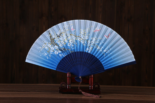 Hot Sale Pink Chinese Style Silk Hand Fans For Weddings Printed Flower Butterfly Wooden Handle Spanish wedding dancing props with tassels