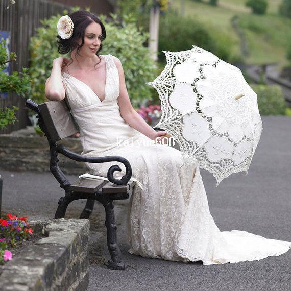 handmade White and Ivory Battenburg Lace Vintage wedding bridal Umbrella Parasol For Bridal Bridesmaid Wedding