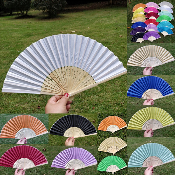 Wedding Fan New Elegant Ivory White Wedding Party Sweet Llight Yellow Silk Hand Fan Hot Candy Color Fashion Mesh Party Bamboo Hand Fans