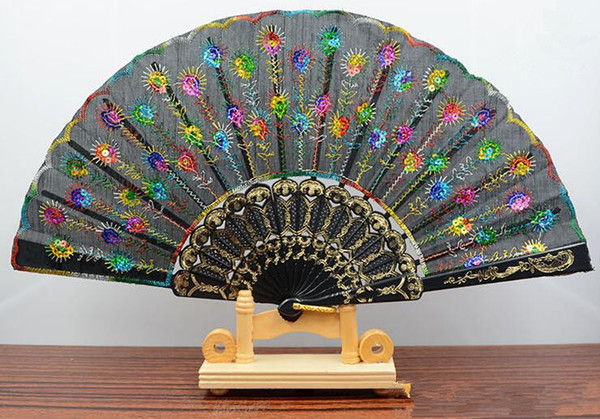 Handmade peacock Embroidery Fabric folding fan silk top grade bridal fans Bridesmaid fans hollow bamboo handle wedding accessories Fold fans