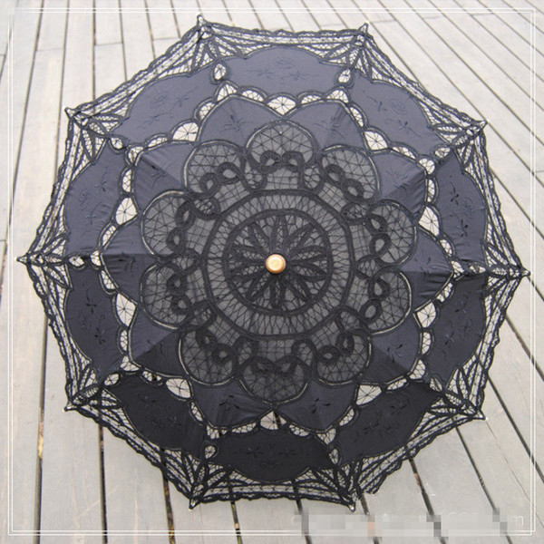 Gothic Black Lace Parasol Umbrella Fancy Hollow Black Victorian Wedding Parasols for Bride Bridesmaid Bridal batten Lace Handmade Cheap