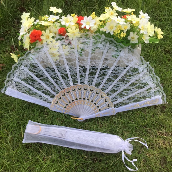 Free 100pcs/lot white color plastic frame lace fan wedding hand fan for bride with white organza bag packing