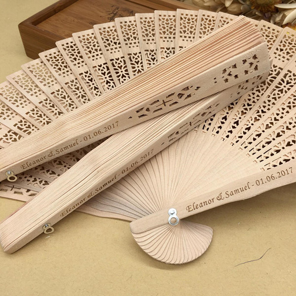 DHL Free in bulk 100pcs lot personalized wood wedding favours fan party giveaways sandalwood folding hand fans