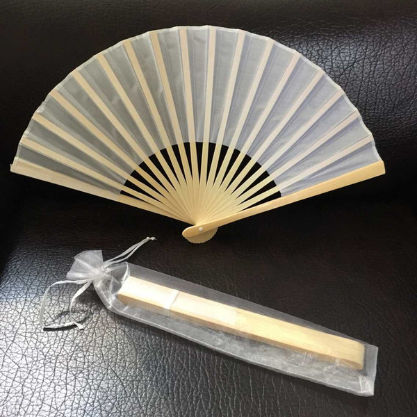Free shipping high quality 50pcs/lot White Bamboo Silk Hand Fan with Organza Gift bag Wedding & Party Favors Gift