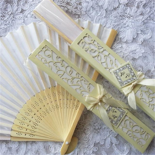 20Pcs Wholesale Mix Color Wooden Bamboo Hand Silk like Wedding Fans+Gift Box Allow Personalized Printing/Engrave Logo On Ribs Free Shipping