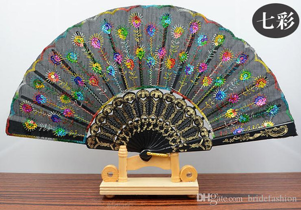 Handmade peacock Embroidery Fabric folding fan silk top grade bridal fans Bridesmaid fans hollow bamboo handle wedding accessories Fold fans