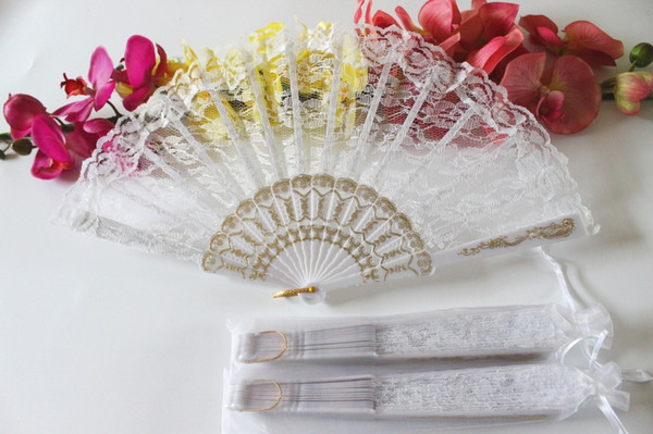 Free shipping 24pcs/lot white color plastic frame lace fan wedding hand fan for bride with white organza bag packing