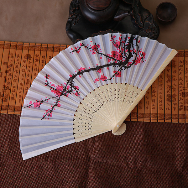 Free shipping 10pcs lot Personalized wedding date & names Plum flower design Elegant Wedding Silk Hand Fan with Organza Gift bag