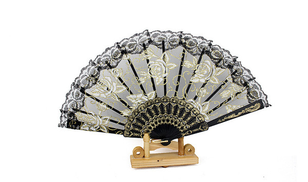 Free shipping In stock lace flower bridal fans hollow bamboo handle wedding accessories Fold paper fans Chinese style for dance