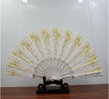 Free shipping In stock gold bridal fans hollow bamboo handle wedding accessories Fold paper fans Chinese style for dance