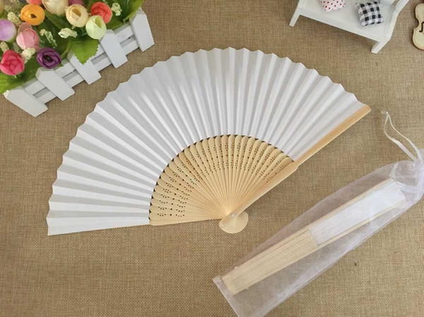 Free shipping Wholesale 50pcs/lot High quality White Elegant Folding Paper Hand Fan with Organza Gift bag Wedding Gift