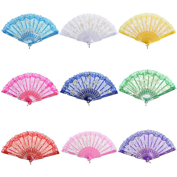 10 Colors Lace Spanish Fabric Silk Folding Hand Held Dance Fans Flower Party Wedding Prom Dancing Summer Fan Accessories