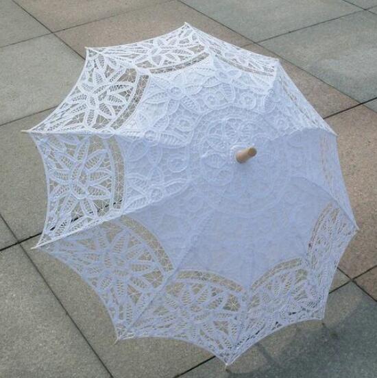 Lace Embroidery Parasol Hook Flower Vintage Design Pure Cotton Wedding Umbrella Handmade Wooden Handle For Wedding Bridal Shower Umbrella