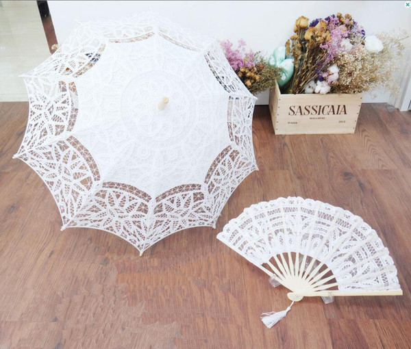 Lace Vintage Umbrella Parasol with Fan For Bridal Bridesmaid Wedding Handmade Wooden Handle Party Decoration Photo Props