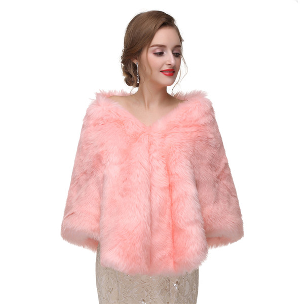 CMS06 Women Luxury Bridal Faux Fur Shawl Wraps Cloak Coat Sweater Cape Pink Wraps Wedding Bolero Jacket