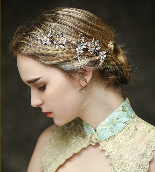 Vintage Gold Flower Leaf Crystal Wedding Headpiece Tiara Handmade Bridal Hair Vine Accessories Women Jewelry Headband