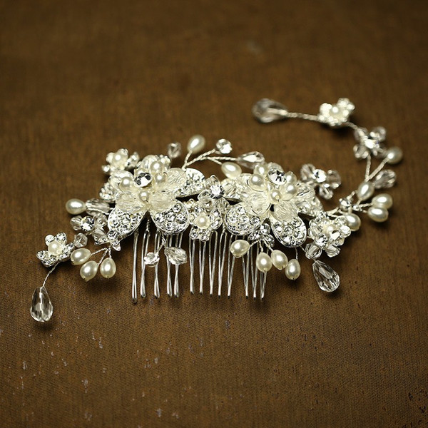 Silver Rhinestone Floral Fashion Women Prom Hair Comb Bridal Headpiece Handmade Pearls Hair Jewelry Wedding Accessories
