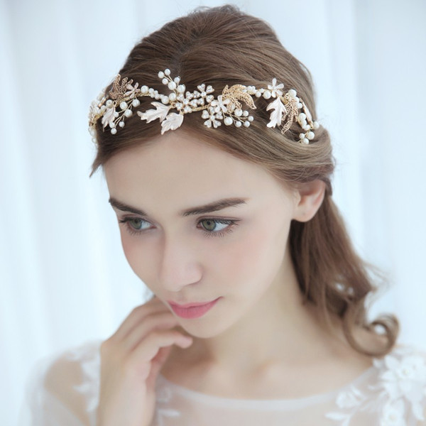 Vintage Gold Leaf Women Prom Crown Floral Wedding Tiara Headband Pearls Bridal Hair Accessories Hair Jewelry