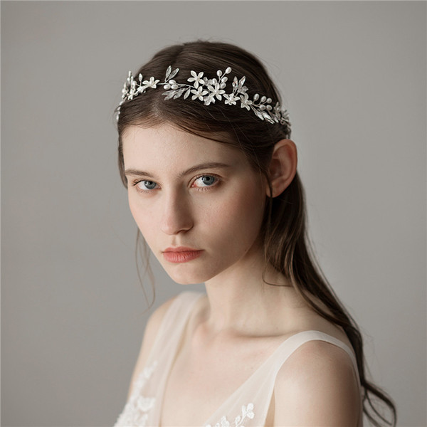 Hand wired Flower Wedding Headband Tiara Silver Pearls Hair Jewelry Bridal Hair Vine Piece Women Accessories