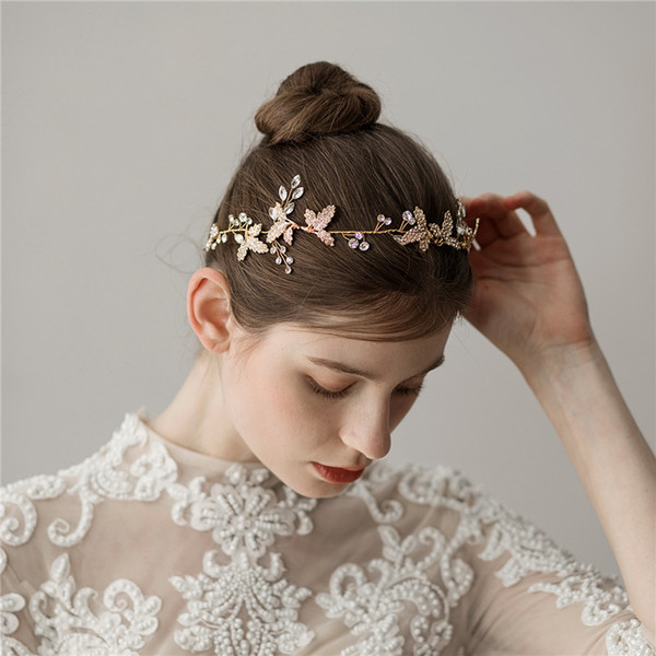 Hand wired Bridal Headband Hair Vine Gold Leaf Rhinestone Wedding Hair Accessories Jewelry Women Headpiece