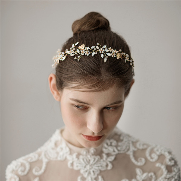 2019 New Design Bridal Headband Tiara Gold Leaf Headpiece For Women Prom Opal Crystal Wedding Tiara Hair Accessories