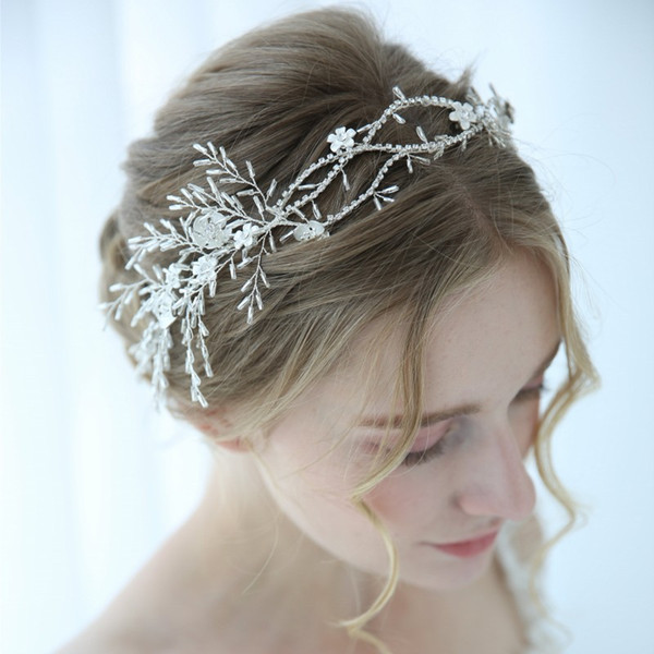 Silver Color Wedding Tiara Headband Flower Bridal Hair Vine Accessories Rhinestone Women Head Chain Jewelry