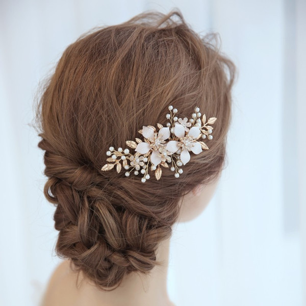 Women Gold Flower Hair Piece Bridal Comb Pearls Wedding Prom Hair Jewelry Accessores Boho Headpiece