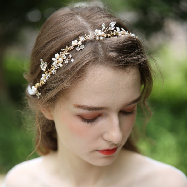 Hand wired Pearls Bridal Hair Jewelry Vine Gold Floral Women Headpiece Wedding Headband Tiara Hair Accessories