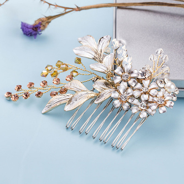 Delicate Floral Leaf Gold Headpiece Rhinestone Wedding Hair Comb Bridal Hair Accessories Hand Wired Women Headpiece