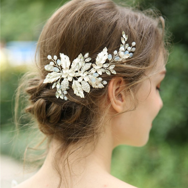 Delicate Handmade Silver Leaf Hair Clip Comb Rhinestone Bridal Headpiece Wedding Hair Accessories Ornament Women Jewelry