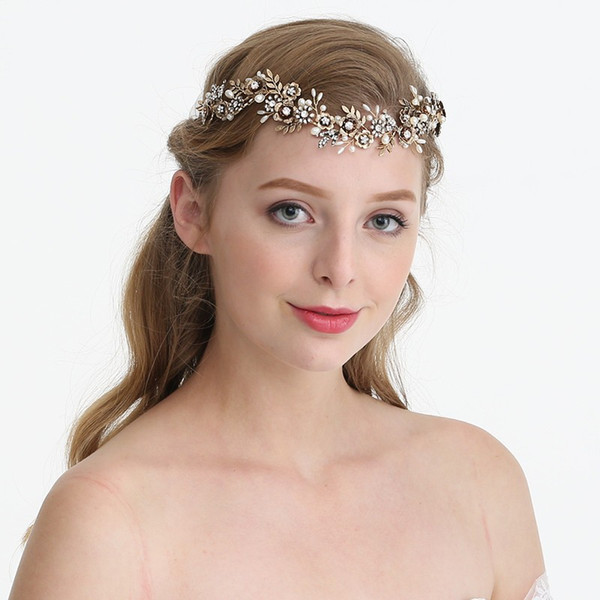 Antique Gold Flower Bridal Headpiece Leaf Headband Wedding Tiara Hair Vine Accessories Handmade Women Hair Jewelry